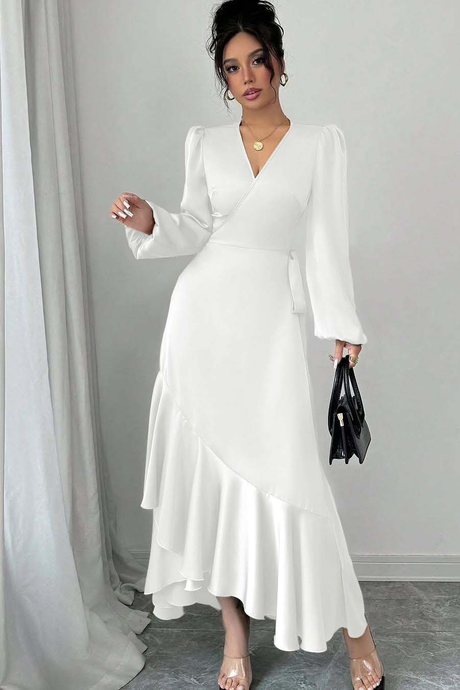 Green Sheath/Column Prom Dress Long Sleeve V Neck Satin Formal Dress