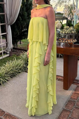 Green Sheath/Column Prom Dress Sleeveless Ruffled Strapless Formal Dress