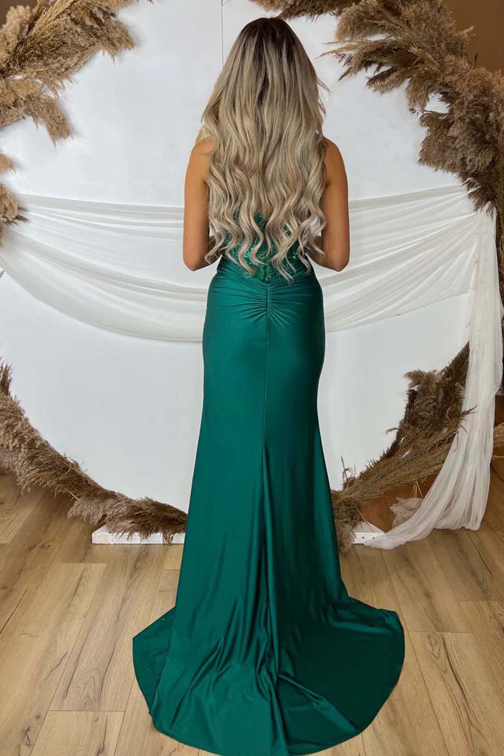 Green Spaghetti Straps Prom Dress Mermaid Satin Evening Dress with Slit