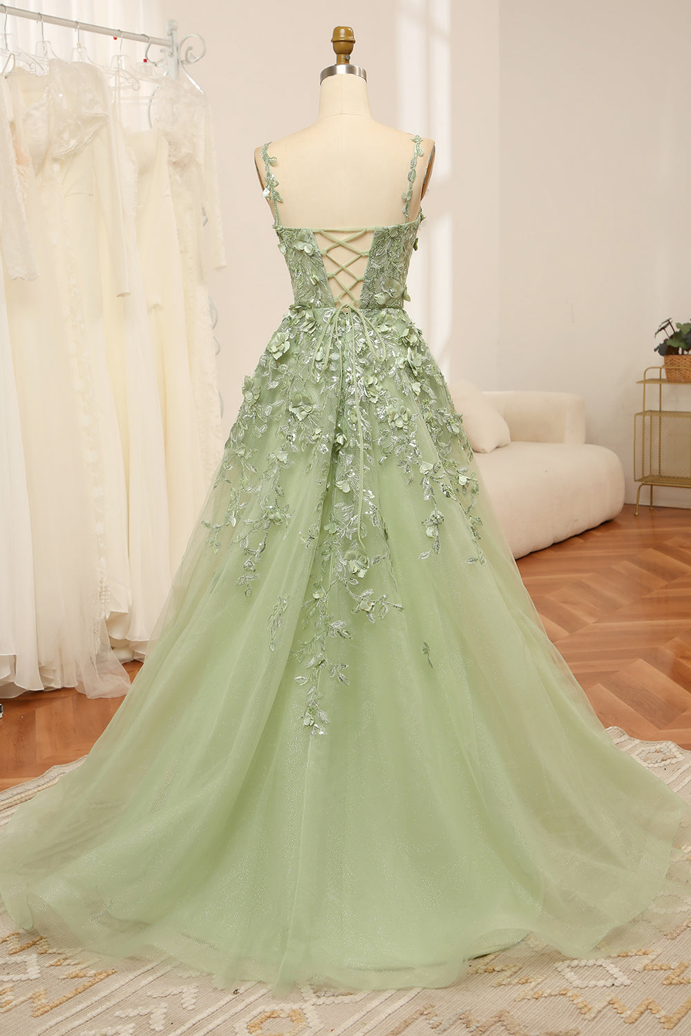 Green Tulle A Line Prom Dress Spaghetti Straps Long Evening Dress With Appliques