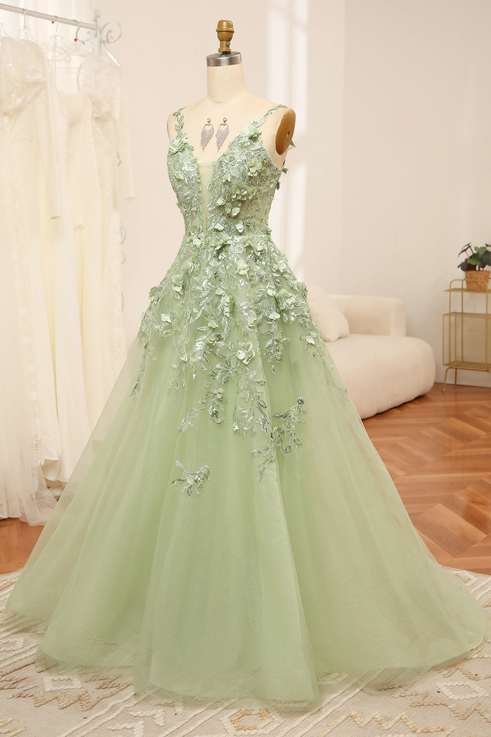 Green Tulle A Line Prom Dress Spaghetti Straps Long Evening Dress With Appliques