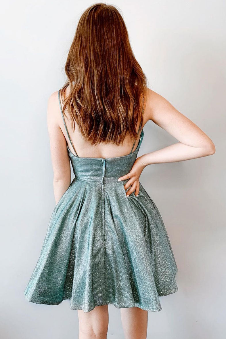 Green V Neck Homecoming Dress A Line Short Cocktail Dress