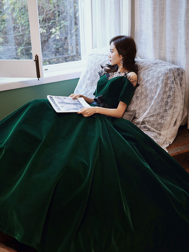 Green Velvet Formal Dress A Line Long Evening Dress
