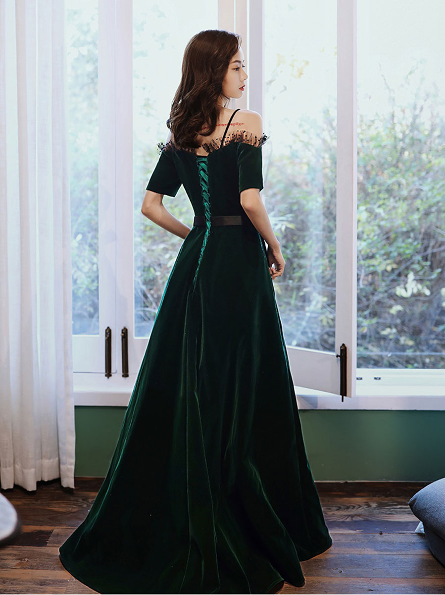 Green Velvet Formal Dress A Line Long Evening Dress