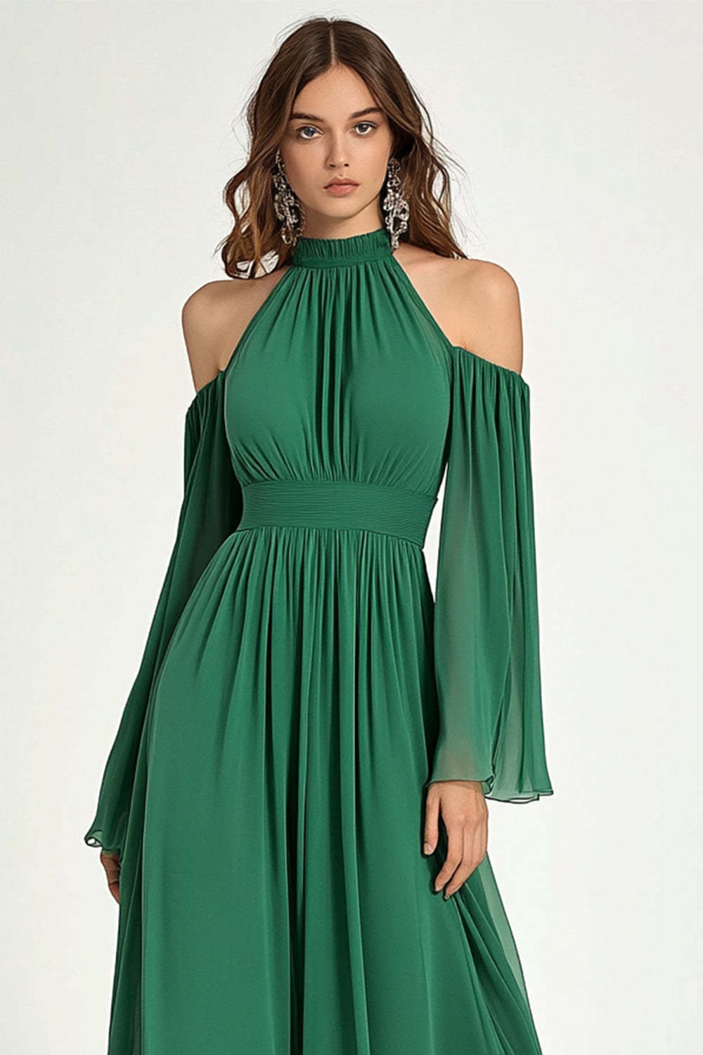 Green Wedding Guest Dress A Line Cold Shoulder Halter Long Formal Dress