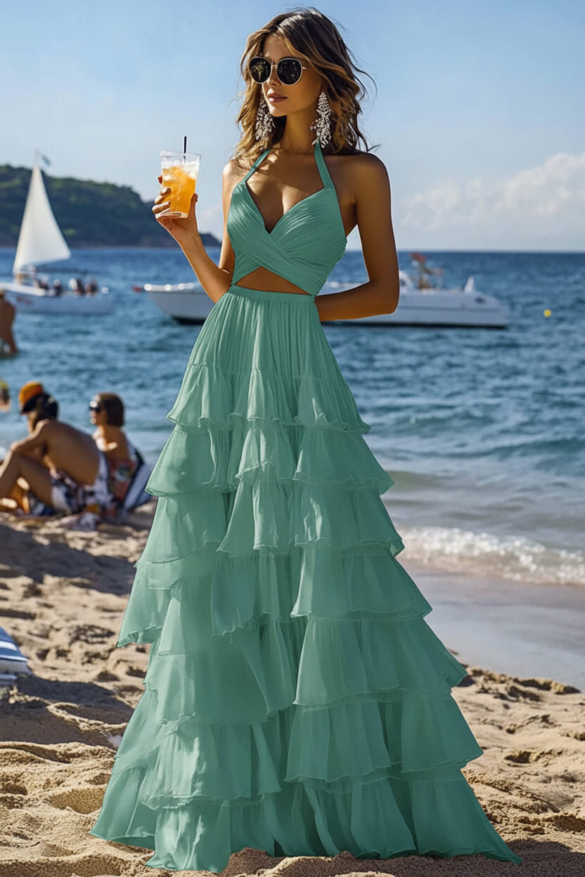 Dressystars Halter Tiered White 2 Piece Ruffled Formal Dress