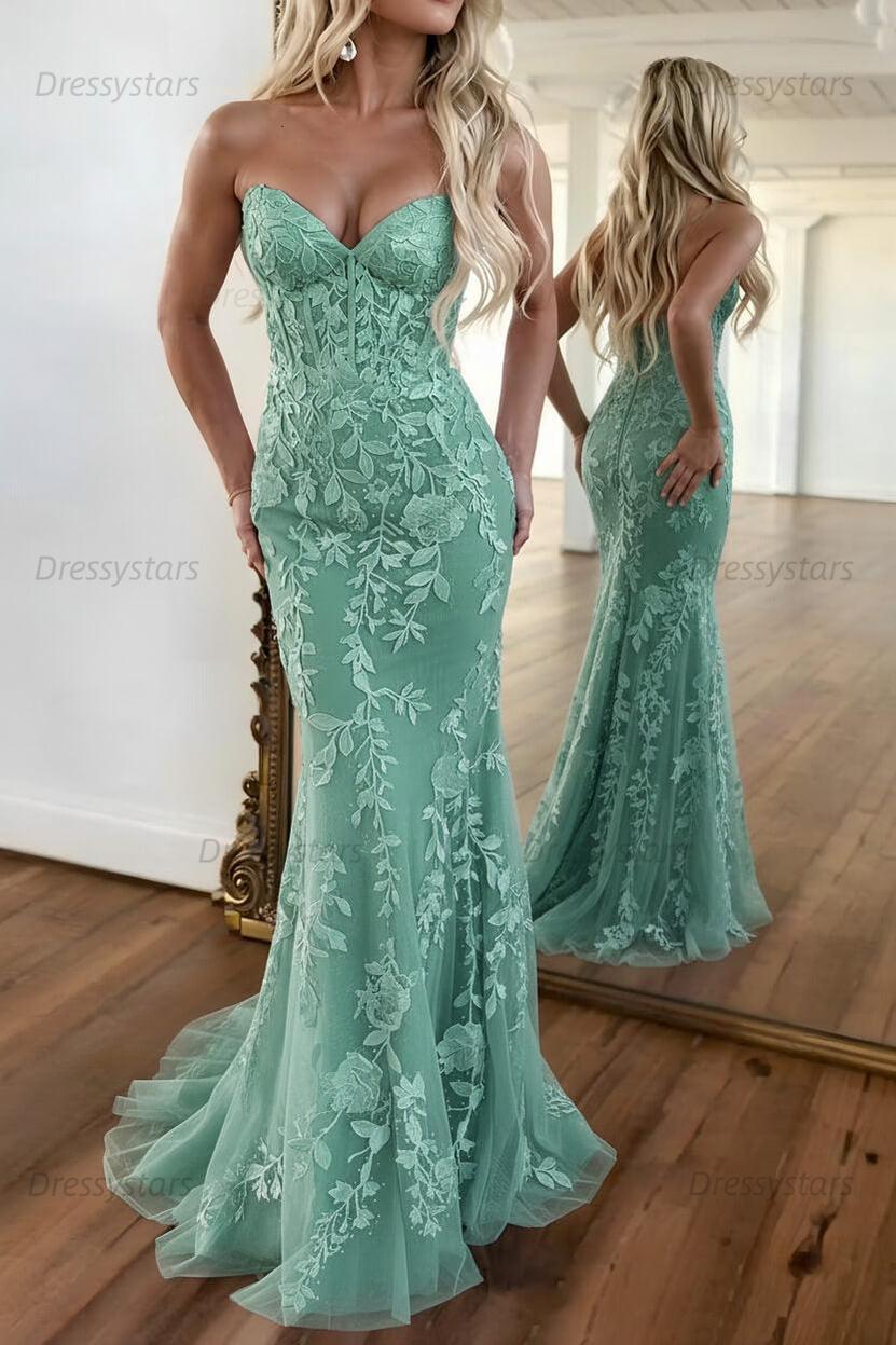 Lilac Prom Dress Corset Sweetheart Lace Mermaid Evening Formal Gown