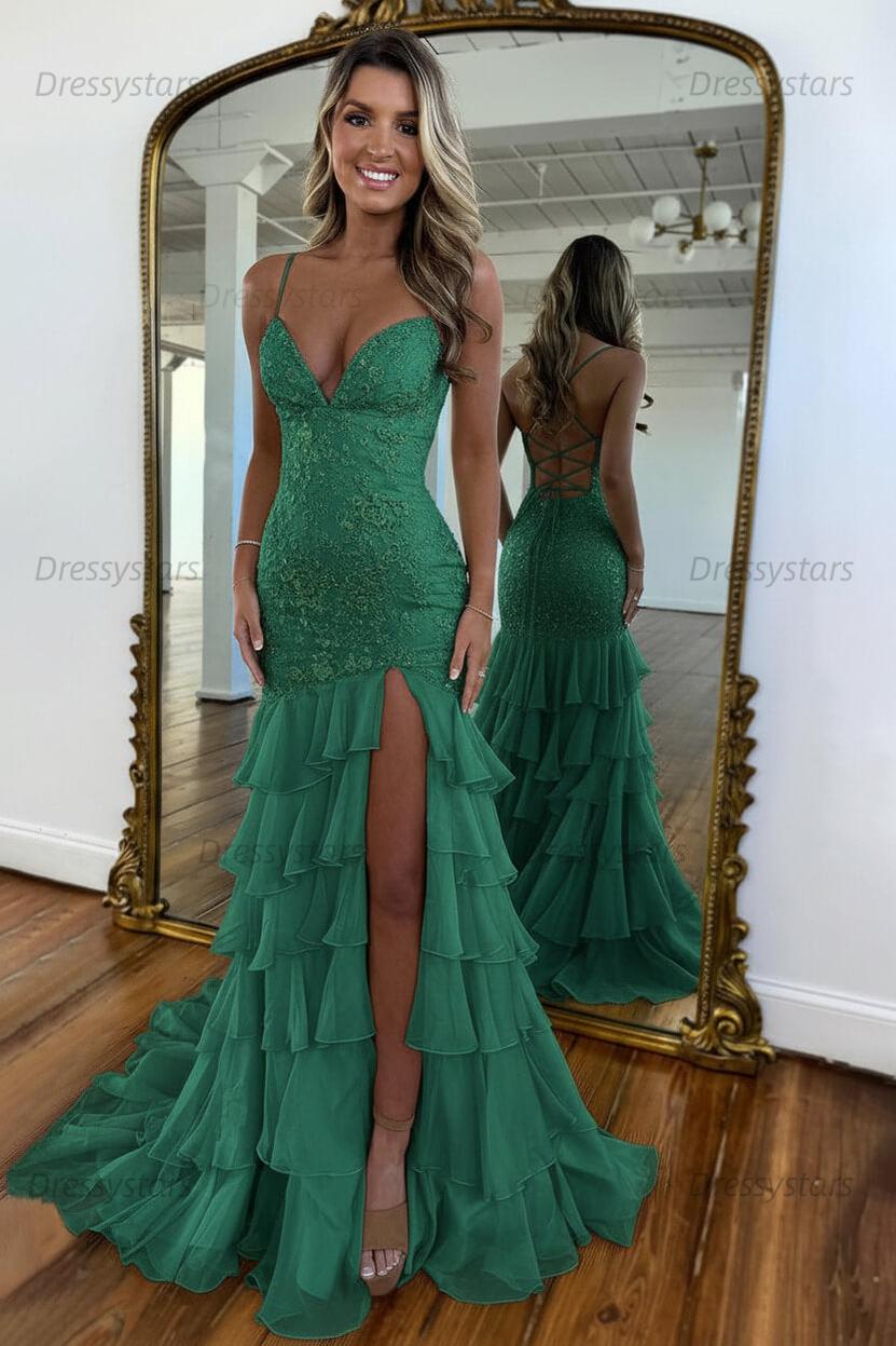 Dressystars Yellow Mermaid Spaghetti Straps Lace Up Long Prom Dress With Ruffle Skirt Formal Evening Gown