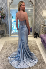 Grey Blue Beaded Mystique Mermaid Dress With High Slit And Train Formal Evening Gown