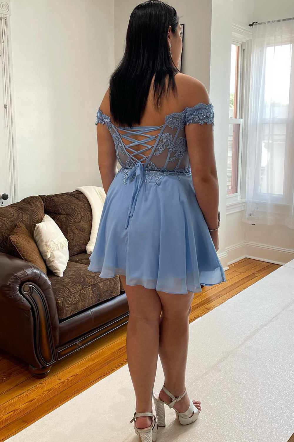Grey Blue Homecoming Dresses Corset A-Line Chiffon Short Cocktail Dresses with Lace