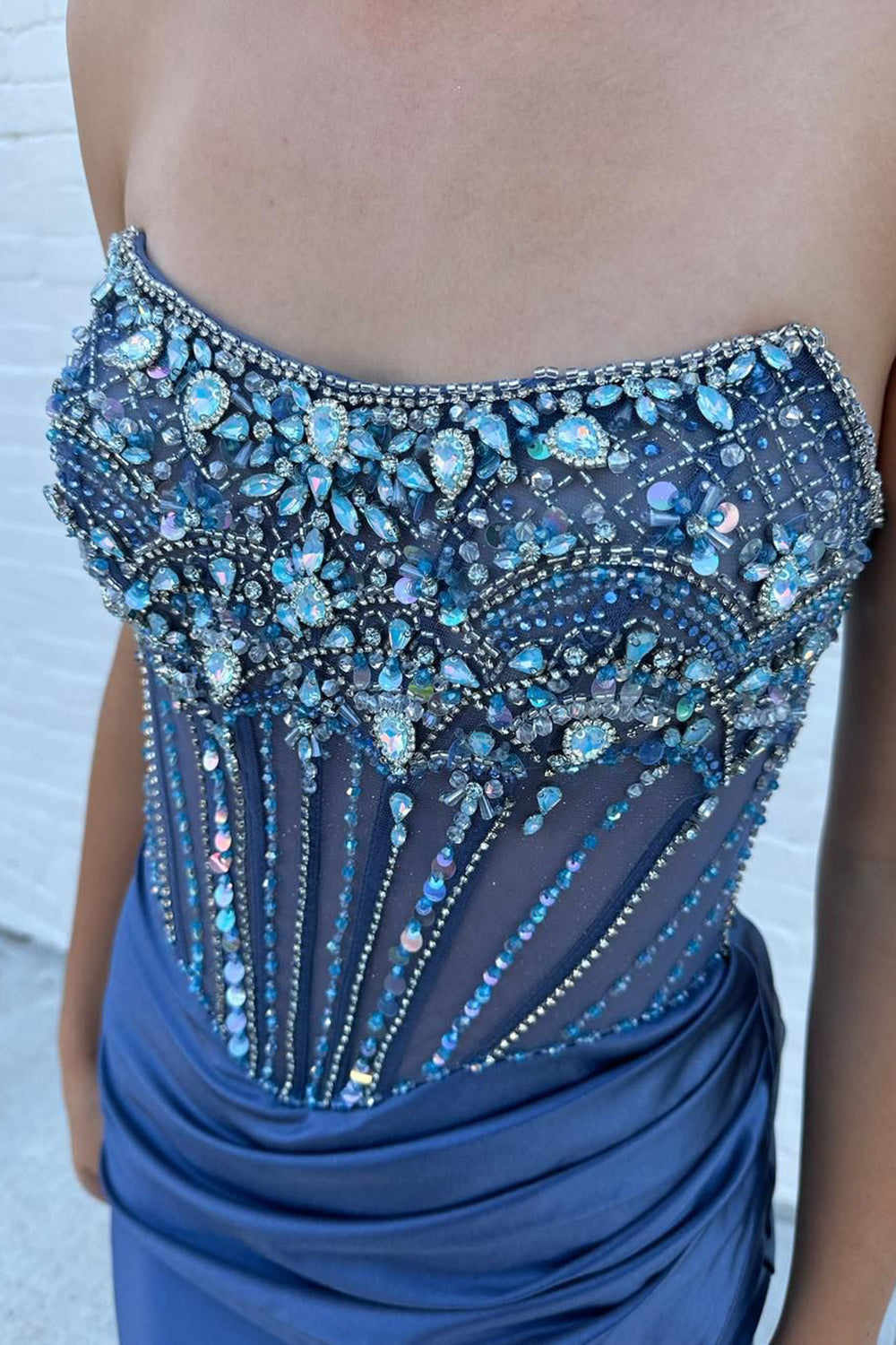 Grey Prom Dress Blue Prom Dress Strapless Corset Long Evening Dress with Slit