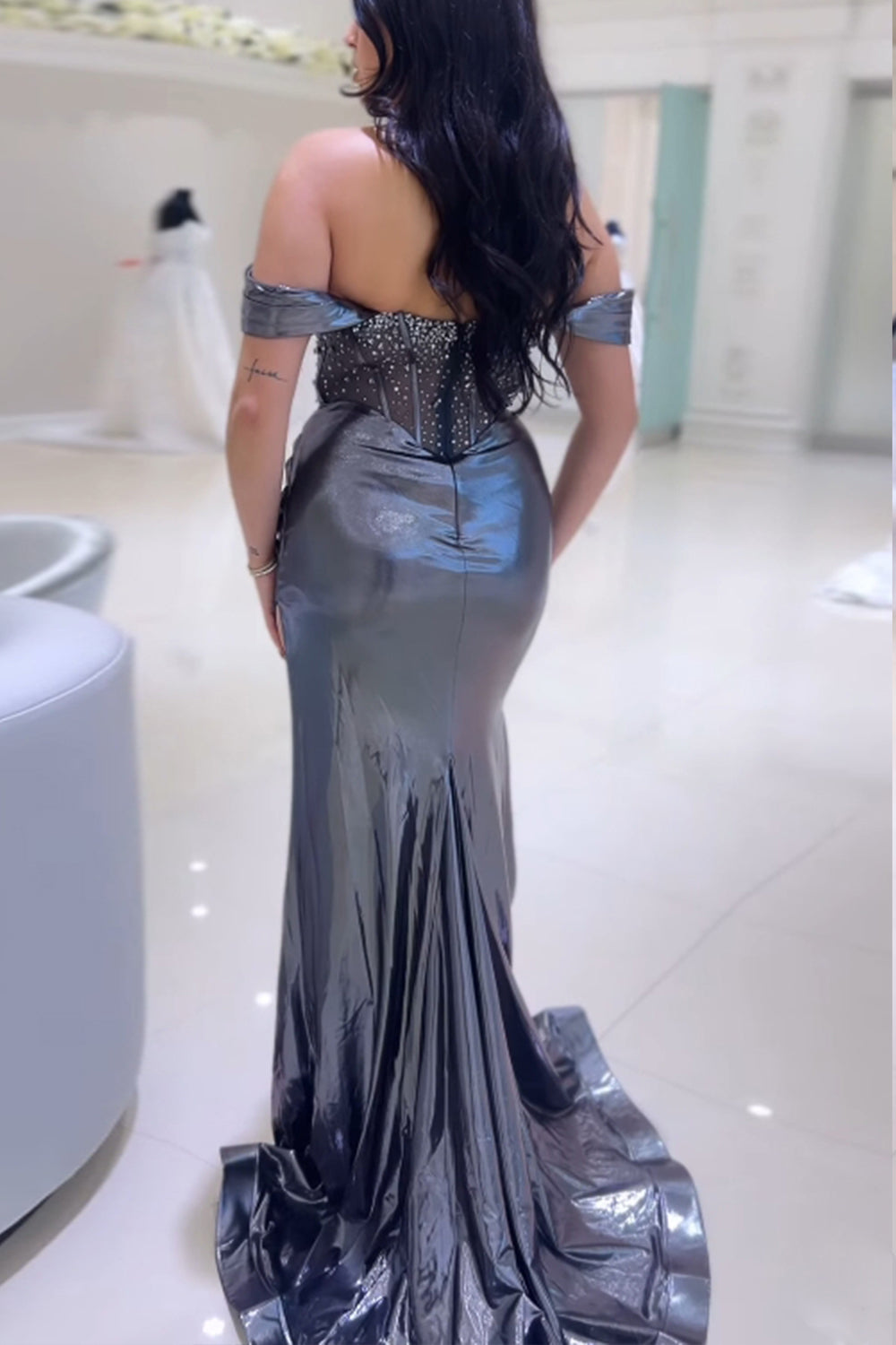 Grey Prom Dress Off The Shoulder Mermaid Evening Dress with Slit