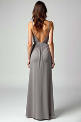 Grey Spaghetti Straps Sheath Long Formal Dress With Slit