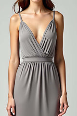 Grey Spaghetti Straps Sheath Long Formal Dress With Slit