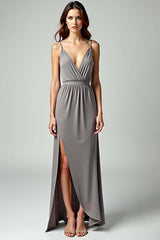 Grey Spaghetti Straps Sheath Long Formal Dress With Slit