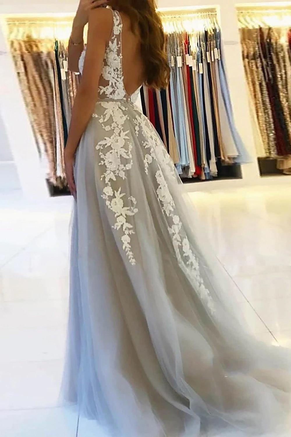 Grey Tulle A Line Prom Dress V Neck Formal Dress with Appliques