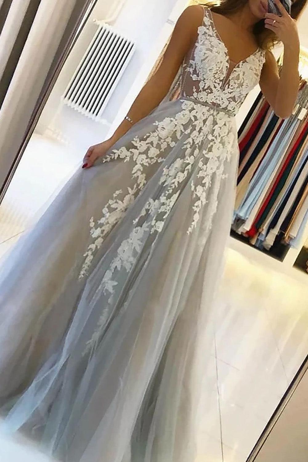 Grey Tulle A Line Prom Dress V Neck Formal Dress with Appliques