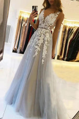 Grey Tulle A Line Prom Dress V Neck Formal Dress with Appliques