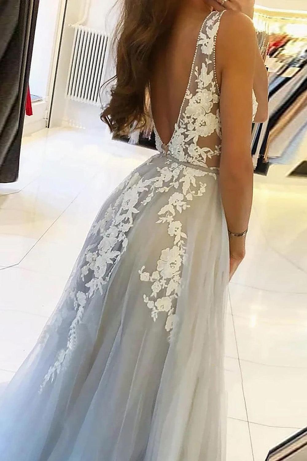 Grey Tulle A Line Prom Dress V Neck Formal Dress with Appliques