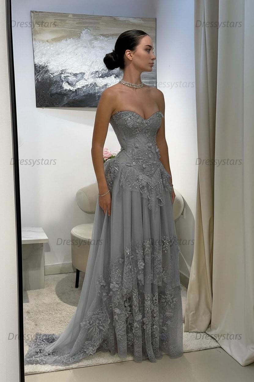 Yellow Lace A Line Prom Dress Sweetheart Lace Appliqued Formal Dress with 3D Flowers