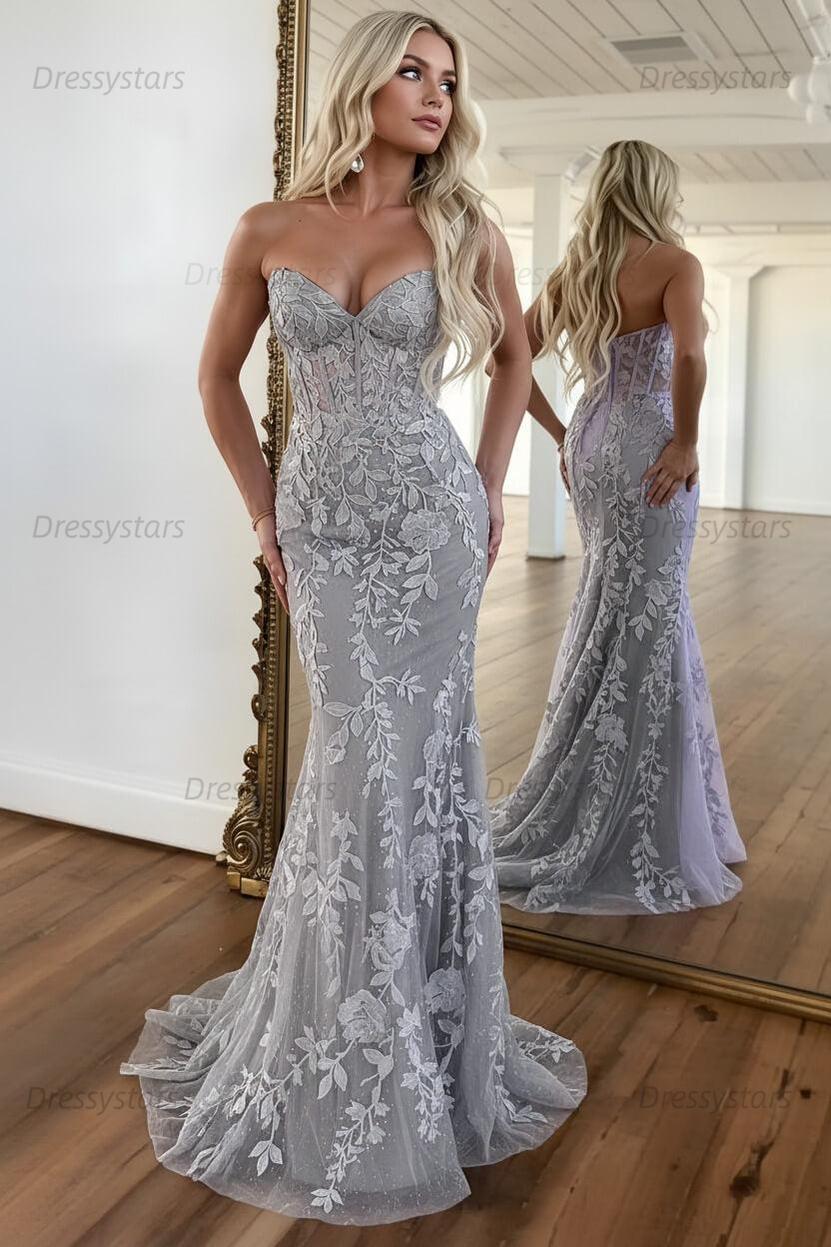 Lilac Prom Dress Corset Sweetheart Lace Mermaid Evening Formal Gown
