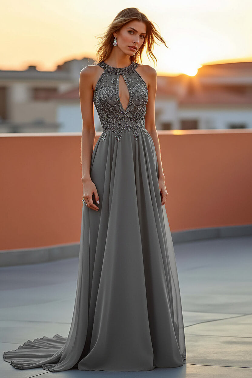 Dressystars Beaded Navy Wedding Guest Dress Halter Long Formal Dress With Embroideries
