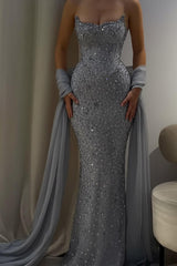 Pink Mermaid Prom Dress Strapless Formal Dress With Beadings and Rhinestones