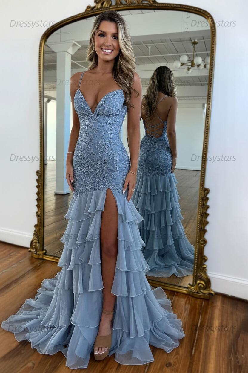 Dressystars Yellow Mermaid Spaghetti Straps Lace Up Long Prom Dress With Ruffle Skirt Formal Evening Gown