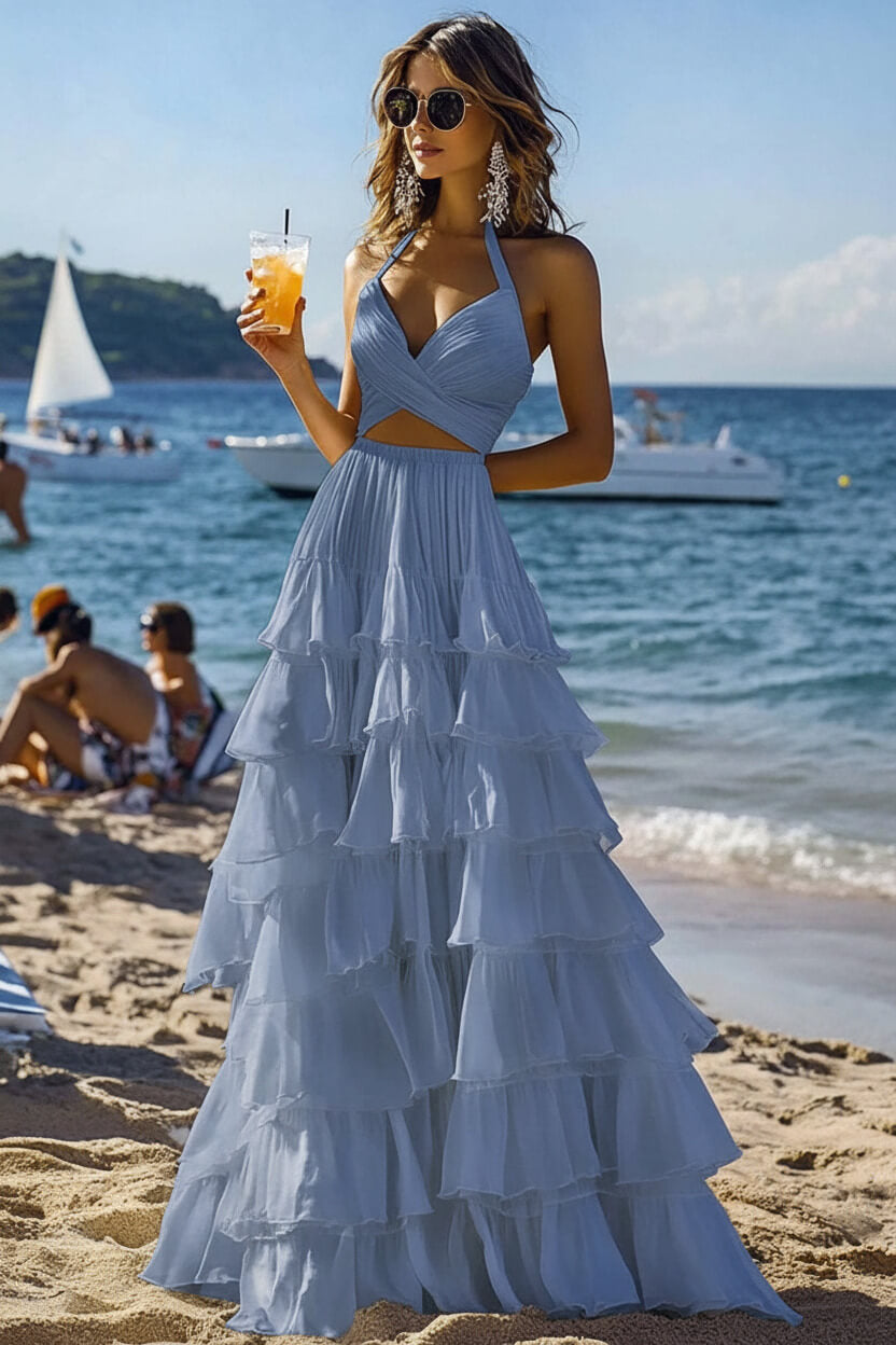 Dressystars Halter Tiered White 2 Piece Ruffled Formal Dress