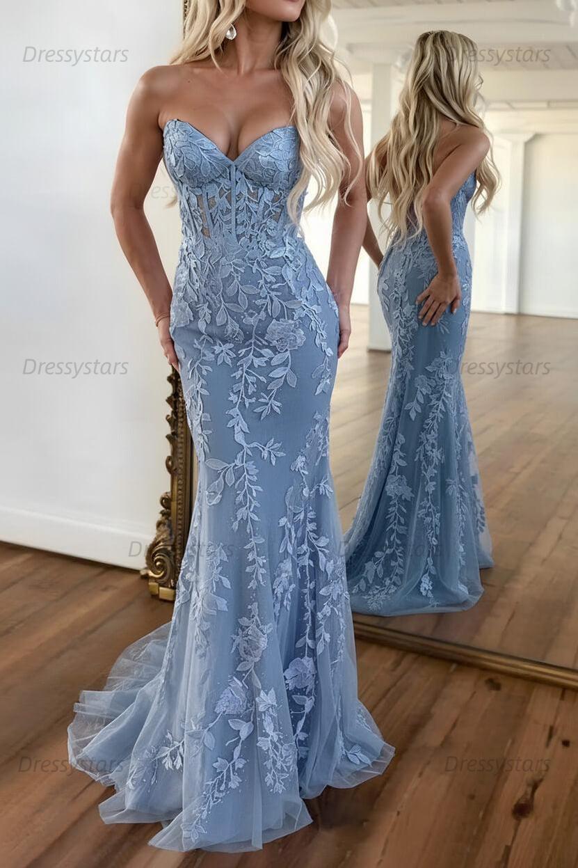 Lilac Prom Dress Corset Sweetheart Lace Mermaid Evening Formal Gown
