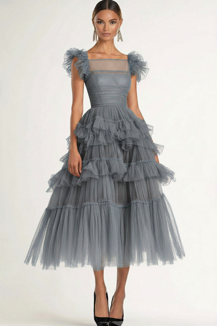Dressystars Tea Length Black Wedding Guest Dress A-Line Flatter Sleeves Tulle Formal Dress With Ruffles