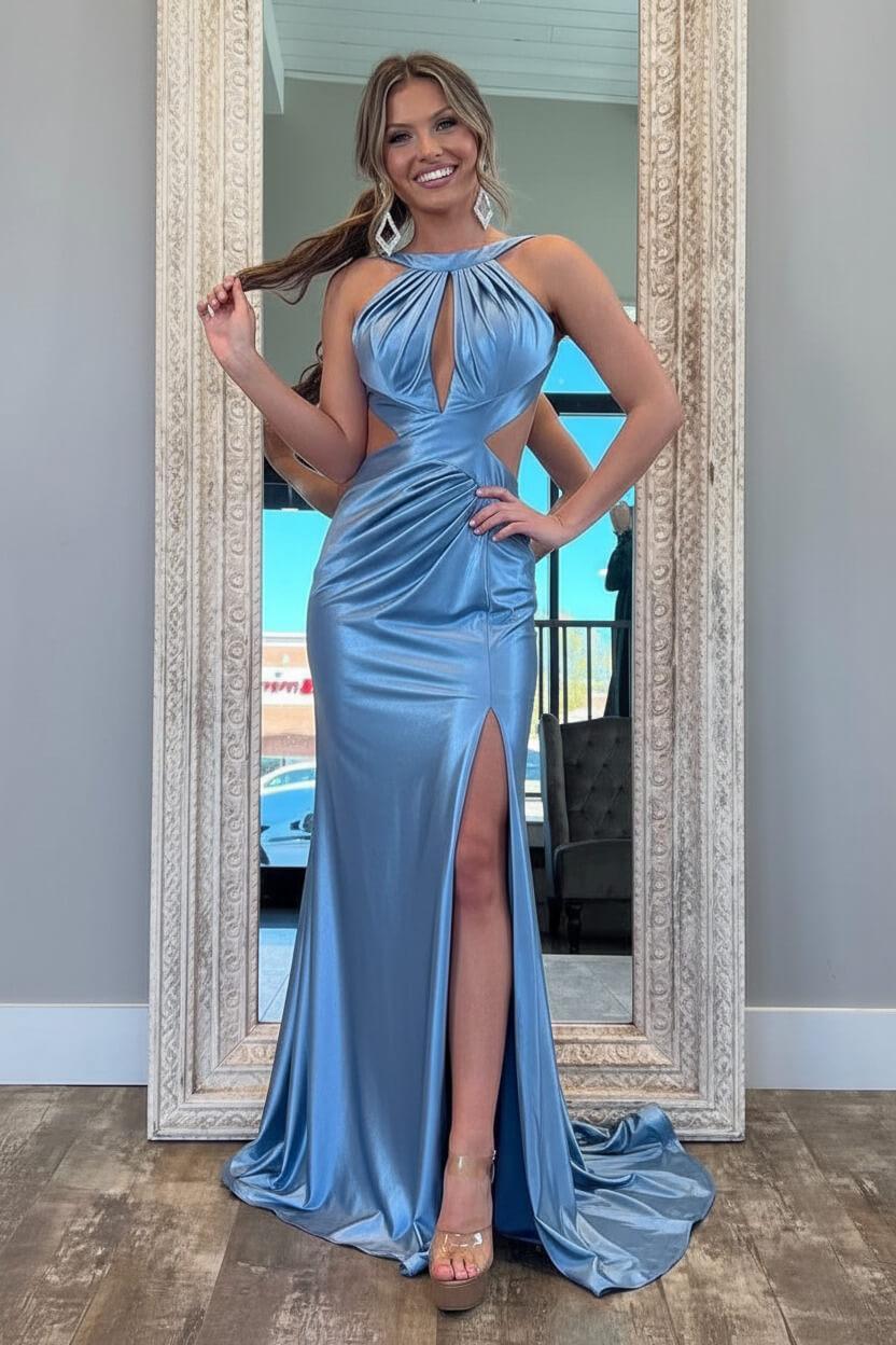 Fuchsia Metallic Mermaid Prom Dress With Slit And Open Back Formal Evening Gown
