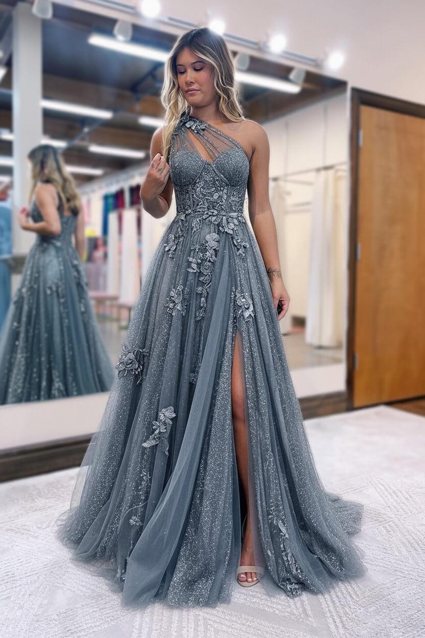 A Line Prom Dress One Shoulder Black Long Appliqued Evening Dress A Line Prom Dress One Shoulder Black Long Appliqued Evening Dress