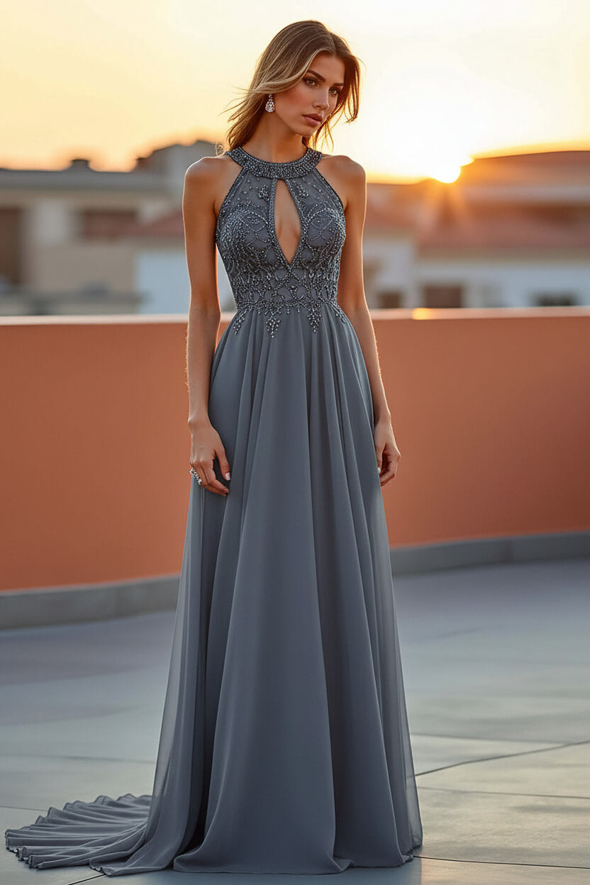 Dressystars Beaded Navy Wedding Guest Dress Halter Long Formal Dress With Embroideries