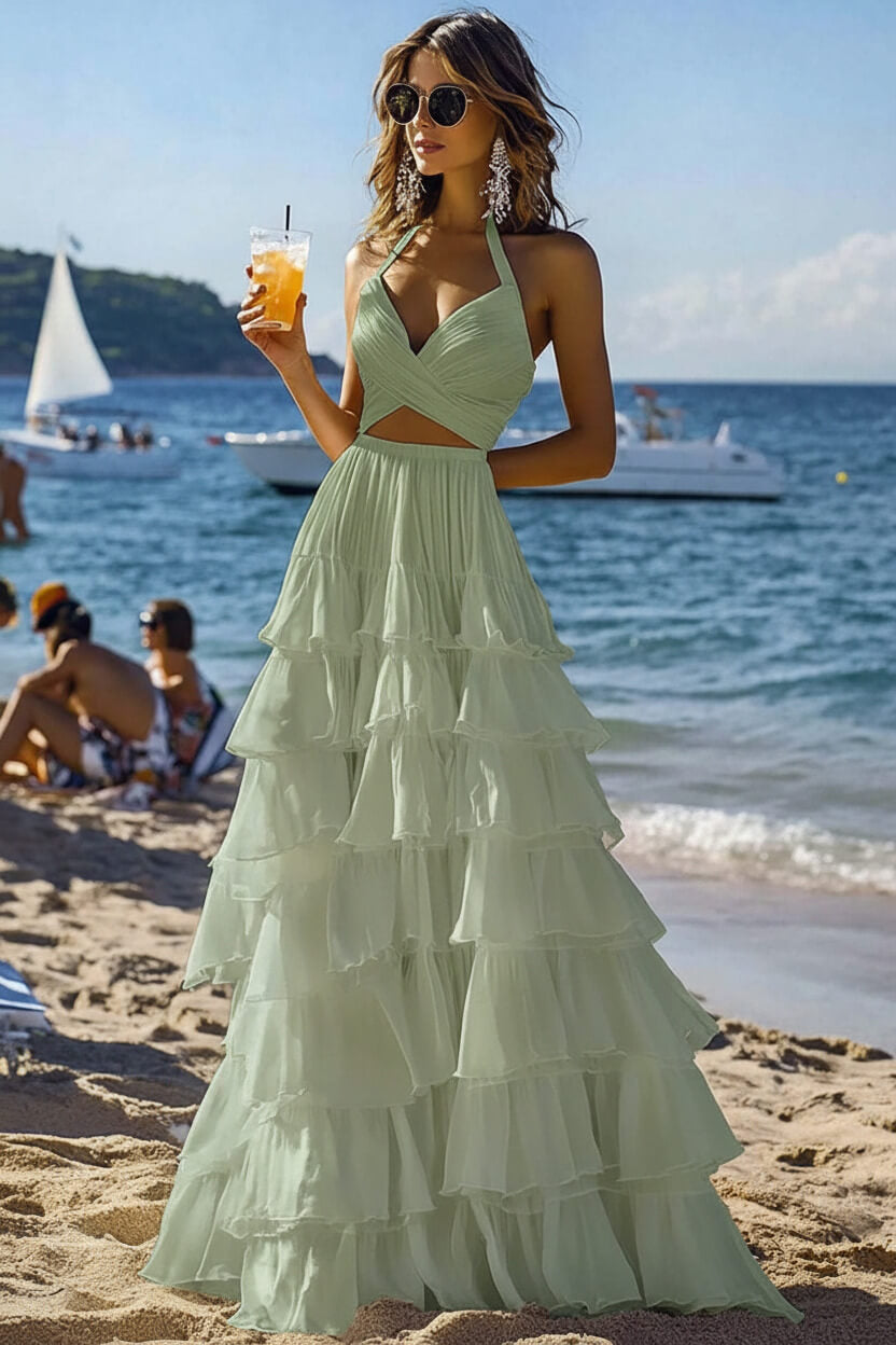 Dressystars Halter Tiered White 2 Piece Ruffled Formal Dress