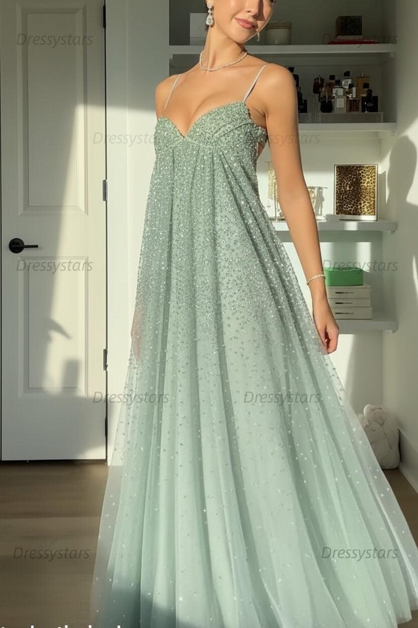 Dressystars Bling A Line Spaghetti Straps Grey Blue Long Party Dress With Beading Formal Evening Gown