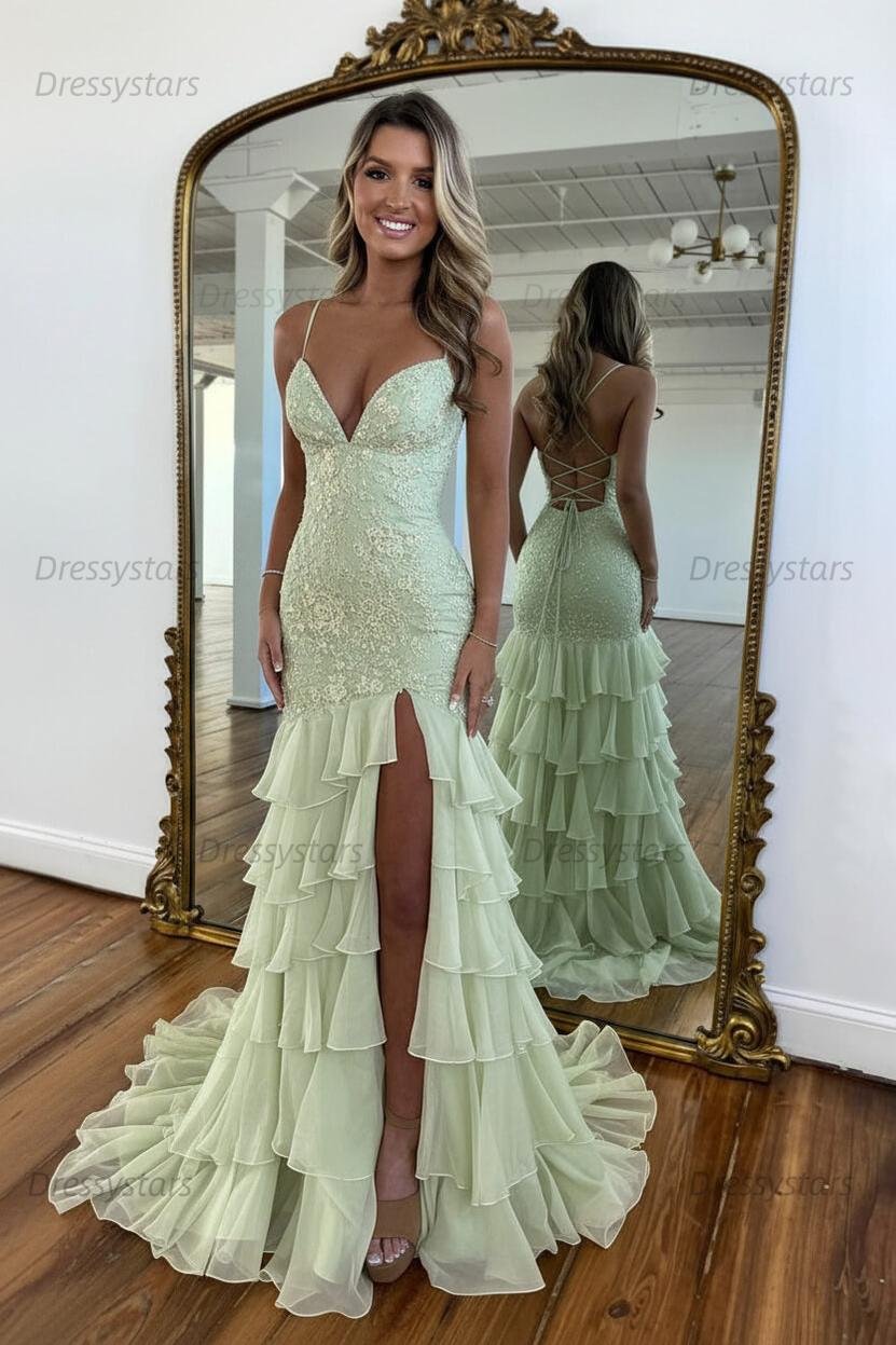 Dressystars Yellow Mermaid Spaghetti Straps Lace Up Long Prom Dress With Ruffle Skirt Formal Evening Gown