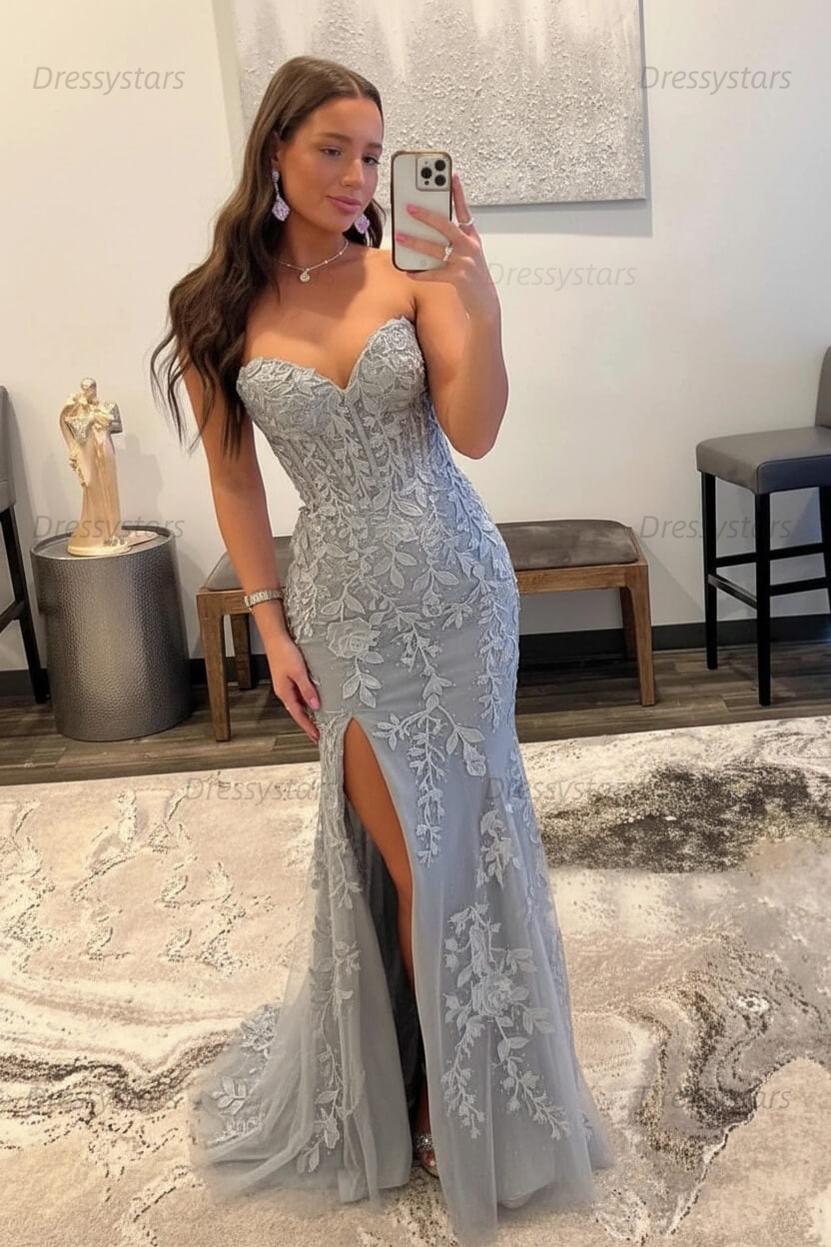 Black Prom Dress Corset Sweetheart Long Lace Mermaid Evening Dress with Slit