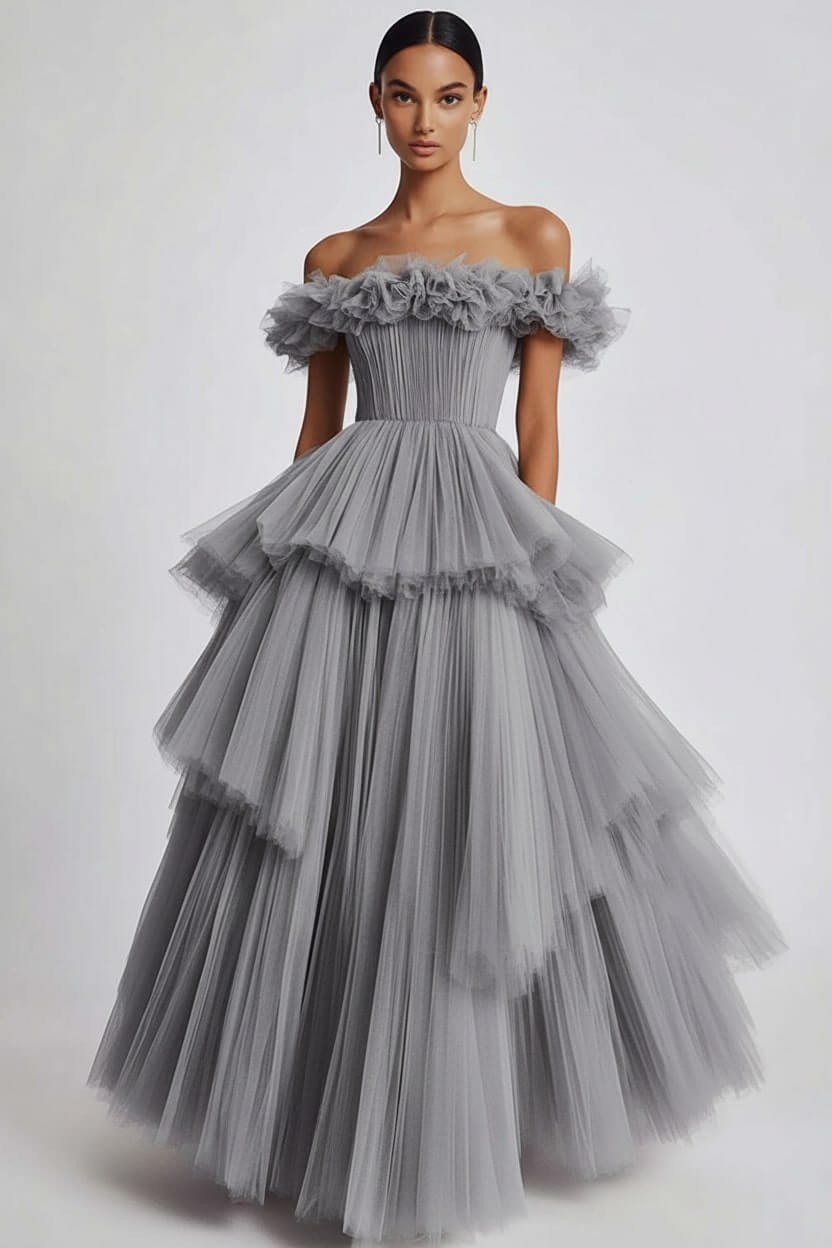 Dusty Sage Formal Dress Tulle Off The Shoulder Ball Gown Wedding Guest Dress With Ruffles