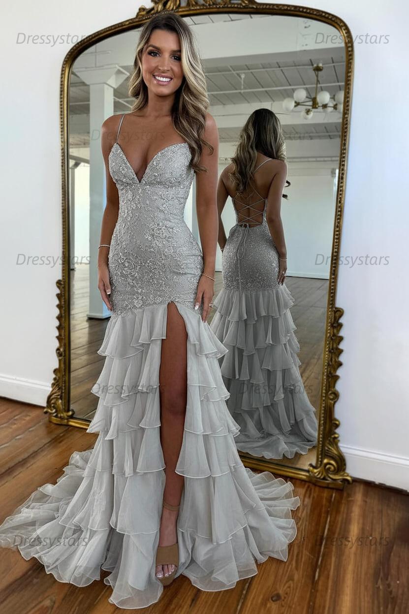 Dressystars Yellow Mermaid Spaghetti Straps Lace Up Long Prom Dress With Ruffle Skirt Formal Evening Gown