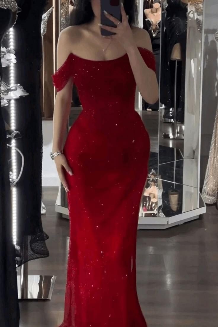 Mermaid Prom Dress Cap Sleeve Sequined Off the Shoulder Formal Dress
