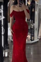 Mermaid Prom Dress Cap Sleeve Sequined Off the Shoulder Formal Dress