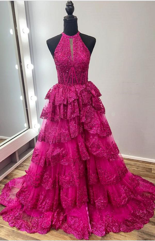 Halter A line Prom Dress Tiered Formal Dress Sequined Tulle Lace Evening Dress