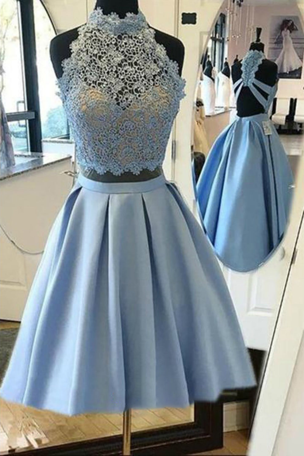 Halter Lace Blue Homecoming Dresses Cocktail Dresses