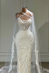 Halter Mermaid Wedding Dress Tulle Sleeveless Bridal Dress with Appliques