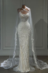 Halter Mermaid Wedding Dress Tulle Sleeveless Bridal Dress with Appliques