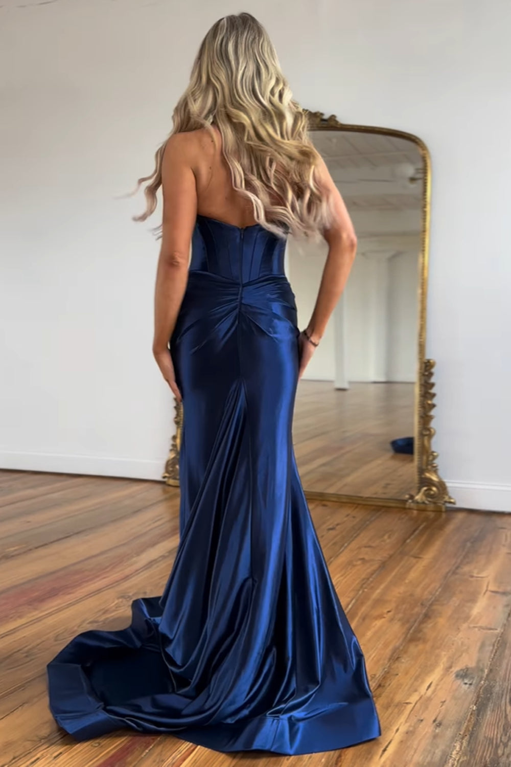 Halter Navy Mermaid Prom Dress Corset Long Evening Dress with Slit