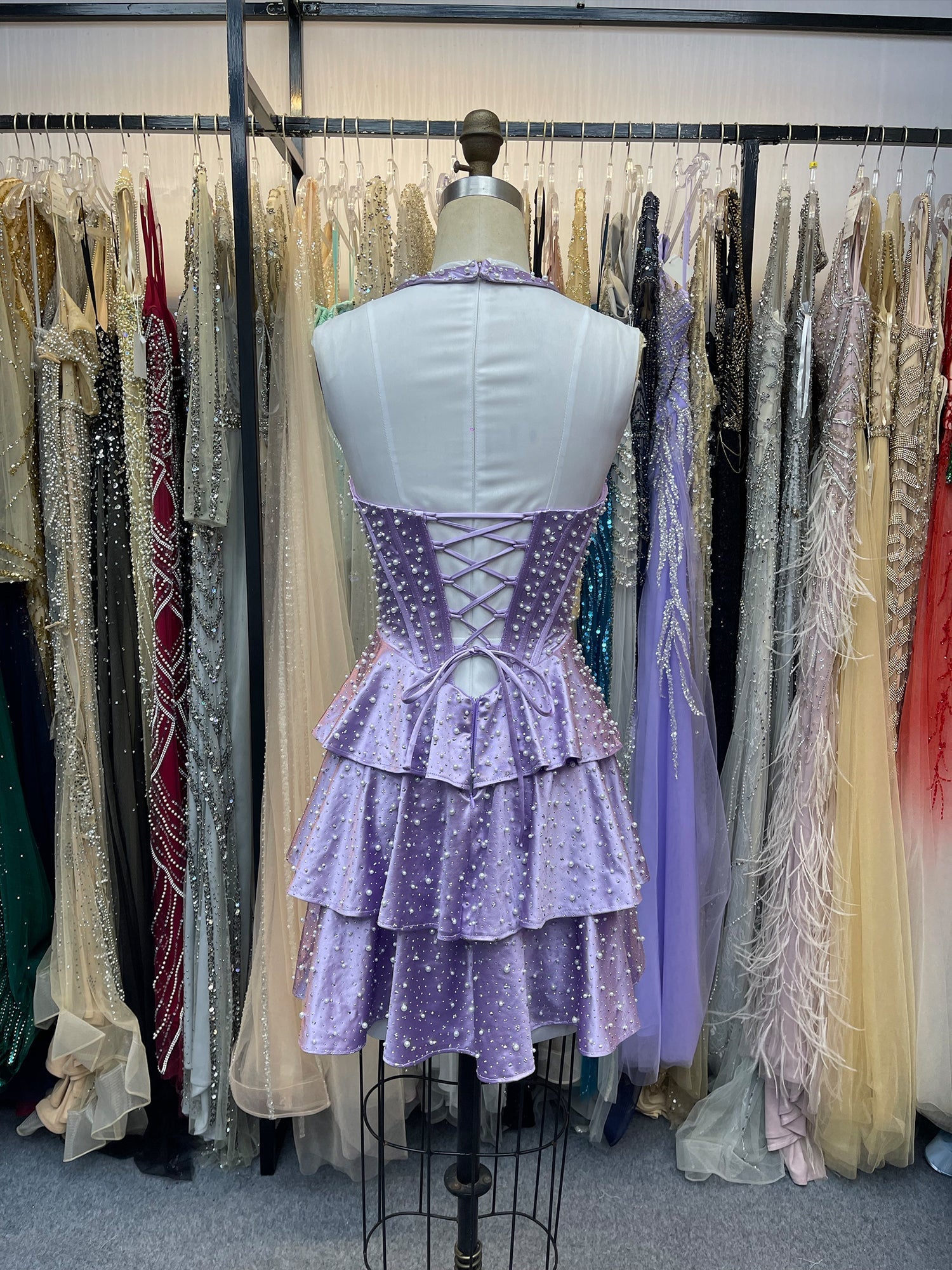 Halter Neck Pearl Beaded Tiered Short Homecoming Dresses