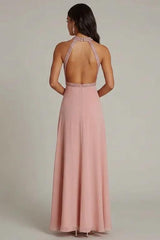 Dressystars Halter Neck Pink Wedding Guest Dress Beaded Long Formal Dress