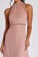 Halter Neck Pink Wedding Guest Dress Beaded Long Formal Dress